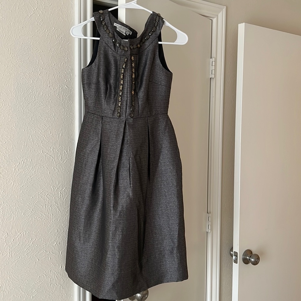 Maggy London Metallic grey dress with gemmed neckline